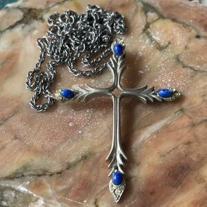 Vintage Blue Faux Lapis Lazuli Silver Cross Necklace